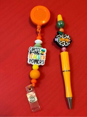 Hand Crafted Orange Teacher Badge Reel and Pen Set